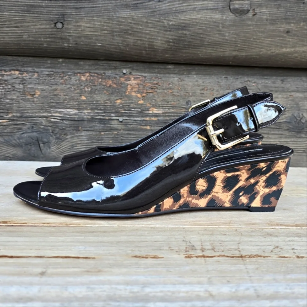 Bandolino Rollup Y2K Pop Glam Leopard Peep Toe Wedge Heels 8M